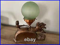 Spelter/frankart Art Deco Lamp Chariot With Uranium Brain Globe