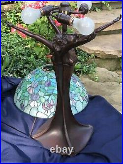 Stained glass lamp brass base- art nouveau