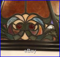 Stained glass lamp shade. Mission / Arts & Crafts style. Low and wide. Cabochons