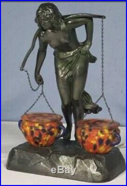 Stunning Antique C1920s Art Deco Nude Lady Lamp With Art Glass End Of Day Shades