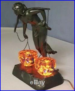 Stunning Antique C1920s Art Deco Nude Lady Lamp With Art Glass End Of Day Shades