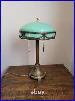 Stunning Antique C. 1920 Art Deco Lamp With Mint Green Cased Glass Dome