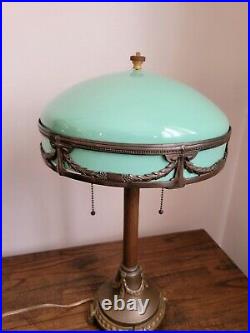 Stunning Antique C. 1920 Art Deco Lamp With Mint Green Cased Glass Dome