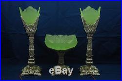 Stunning Art Deco 3 Piece Mantle Set 2 Lamps Centerpiece Frosted Uranium Glass