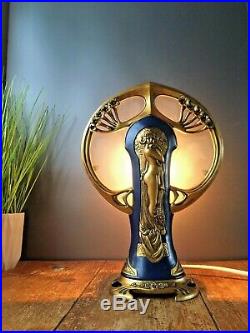 Stunning Art Nouveau Style Semi Nude Lady Resin & Glass Table Lamp By O Tupton