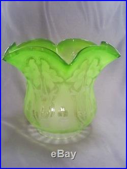Superb Antique Victorian Art Nouveau Etched/frosted Green Glass Oil Lamp Shade