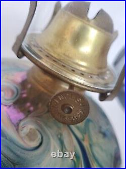 Superb Vintage Kent Fiske Iridescent Blue Art Glass Oil Lamp Signed