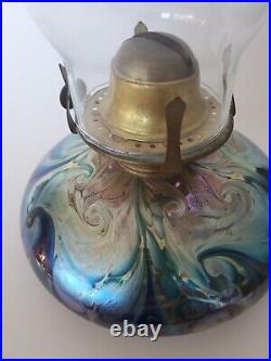 Superb Vintage Kent Fiske Iridescent Blue Art Glass Oil Lamp Signed
