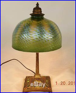 TIFFANY STUDIOS BRONZE & GLASS ART DECO DESK LAMP EIGHT INCH FAVRILE SHADE