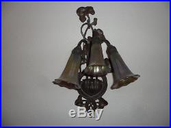TIFFANY STUDIOS TYPE 3 LIGHT LILY WALL SCONCE With 3 GOLD LILY ART GLASS SHADES