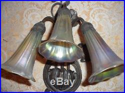 TIFFANY STUDIOS TYPE 3 LIGHT LILY WALL SCONCE With 3 GOLD LILY ART GLASS SHADES
