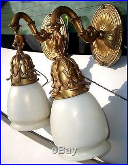 Two Gothic Art Nouveau Hanging Bronze Brass Wall Sconces Signed Steuben Shades