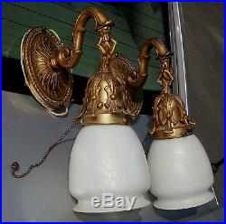 Two Gothic Art Nouveau Hanging Bronze Brass Wall Sconces Signed Steuben Shades