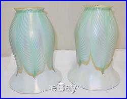 Two Matching 6 Signed Quezal Pulled Feather Lamp Shades Steuben