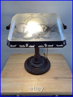 Table Lamp, Desk Lamp, Art Noveau Galle Style, Ornate Base & Glass Shade