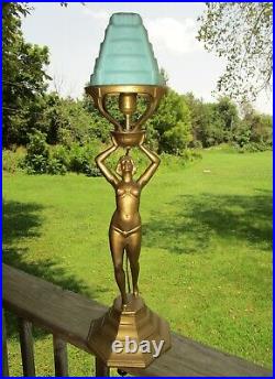 Tall Gorgeous Art Deco Nude Lady Lamp With Mint Green Glass Shade