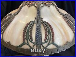The Best Antique Art Nouveau Stained Slag Glass Shade Panel Lamp with Lighted Base