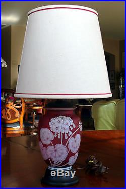 Thomas Webb English Cranberry Cameo Art Glass Vase Lamp with Shade Geranium