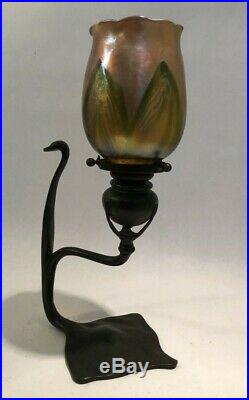 Tiffany Studios Bronze Cobra Candlestick With LCT Signed Favrile Art Glass Shade