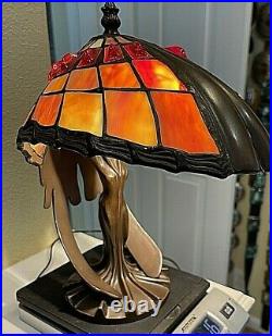 Tiffany Style Art Nouveau Stained Glass Accent Lamp, Statue Base. 12h