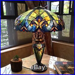 Tiffany Style Double Lit 2+1 Light Stained Art Glass Antique Table Shade Lamp