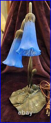 Tiffany Style Lily Pad Table Lamp 2 Frosted Art Glass Tulip Shades Blue Art Deco