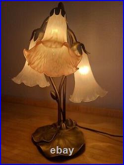 Tiffany Style Lily Pad Table Lamp 3 Frosted Art Glass Tulip Shades Pink Art Deco