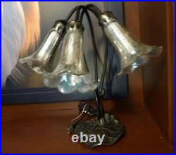 Tiffany Style Lily Pad Table Lamp 3 Silver Art Glass Tulip Shades Art Deco
