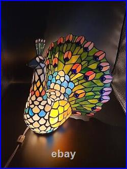 Tiffany Style Stained Glass Peacock table Lamp 11x12 2 Bulbs