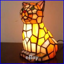 Tiffany Style Table Lamp Art Cat Handcrafted Light Glass Stained Bedside Desk