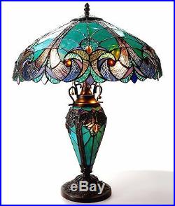 Tiffany Style Table Lamp Bright Turquoise Teal Art Deco Craftsmen Stained Glass