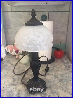 Tiffany type small accent Lamp white on white art glass Shade