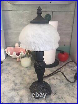 Tiffany type small accent Lamp white on white art glass Shade