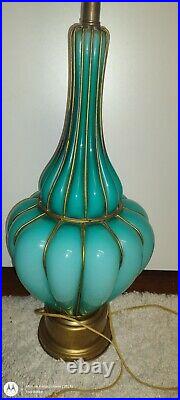 Towering 47 I DREAM OF GENIE Bottle Turquoise ART GLASS BRASS Lamp Moroccan VTG