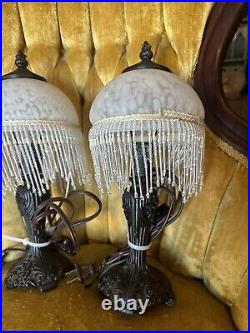 Two Boudoir Lamp Glass Shade and Beaded Fringe AccentLamps