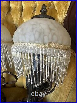 Two Boudoir Lamp Glass Shade and Beaded Fringe AccentLamps