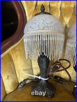 Two Boudoir Lamp Glass Shade and Beaded Fringe AccentLamps