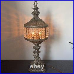 UNIQUE MCM Hollywood Regency Prisms Waterfall Filigree Pierced Metal Table Lamp