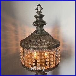 UNIQUE MCM Hollywood Regency Prisms Waterfall Filigree Pierced Metal Table Lamp