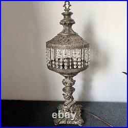 UNIQUE MCM Hollywood Regency Prisms Waterfall Filigree Pierced Metal Table Lamp