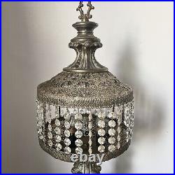 UNIQUE MCM Hollywood Regency Prisms Waterfall Filigree Pierced Metal Table Lamp