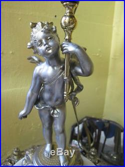 VICTORIAN Gold Gilt Metal Fine Detail CHERUB Lamp withLEMON Satin Art Glass Shade