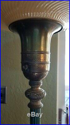 VINTAGE 1930s GREEN & BRASS ART NOUVEAU TORCHIERE FLOOR LAMP PEARLESCENT GLASS