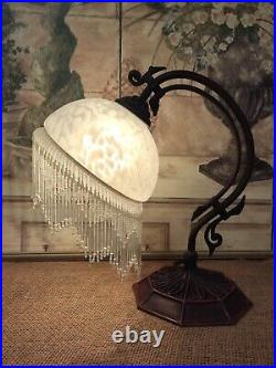 VTG Art Deco Style TABLE LAMP 14in ornate metal frame with glass shade beaded
