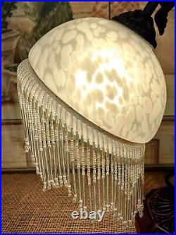 VTG Art Deco Style TABLE LAMP 14in ornate metal frame with glass shade beaded