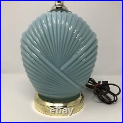 VTG Blue Glass Lamps 80s Art Deco Revival Shell Design Hollywood Regency, PAIR