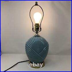 VTG Blue Glass Lamps 80s Art Deco Revival Shell Design Hollywood Regency, PAIR