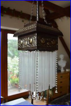 VTG Bohemian ART NOUVEAU 1920's Glass Tubes CEILING LIGHT LAMP Fixture Roses