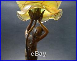 VTG Bohemian ART NOUVEAU 1920's Iridescent Glass Shade Bronze Lady Lamp