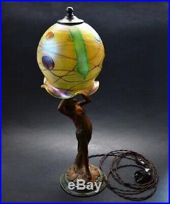 VTG Bohemian ART NOUVEAU 1920's Iridescent Glass Shade Bronze Lady Lamp
